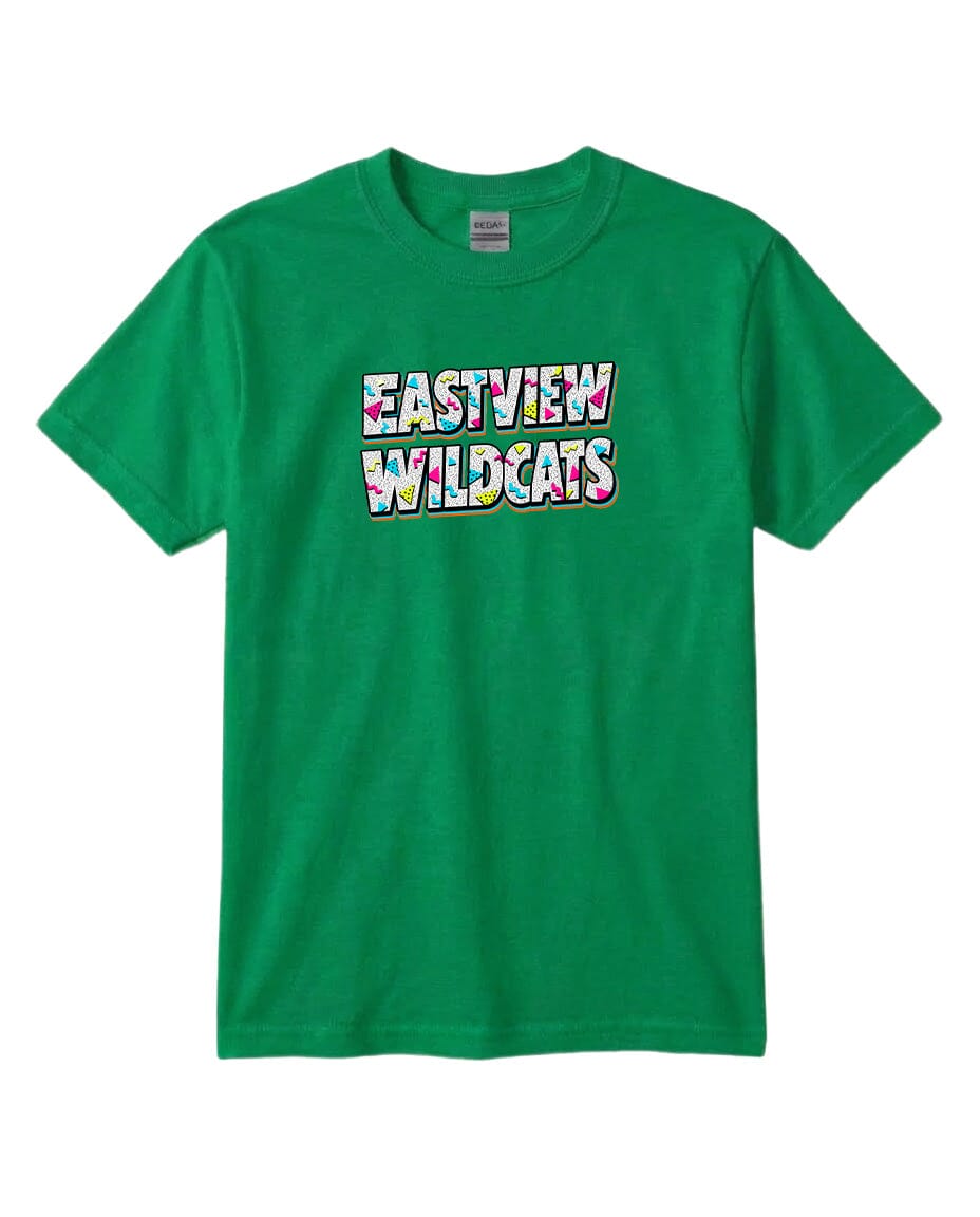 A green t-shirt with the text "EASTVIEW WILDCATS" printed on it.