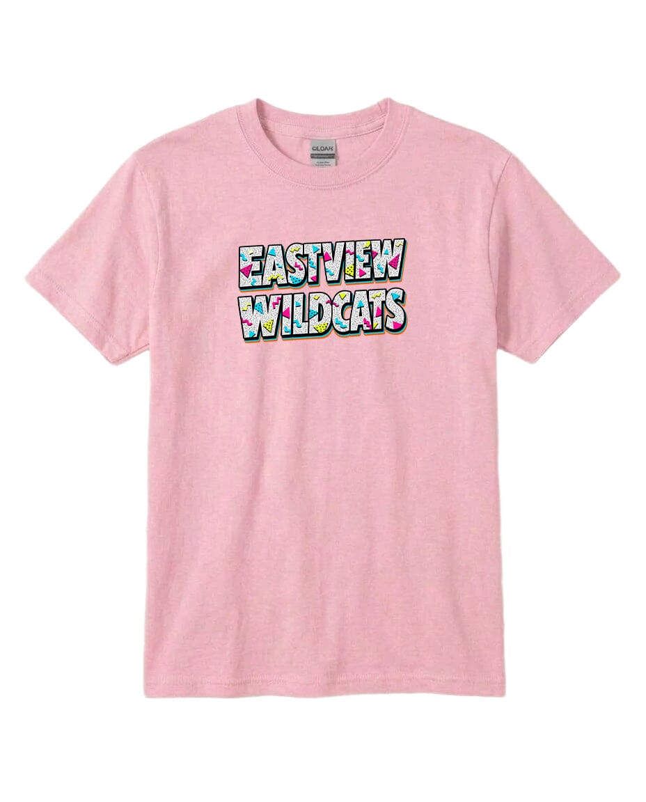 A pink t-shirt with the text "EASTVIEW WILDCATS" printed on it.