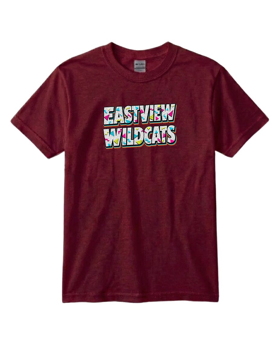A burgundy-colored t-shirt with the text "EASTVIEW WILDCATS" printed on it.