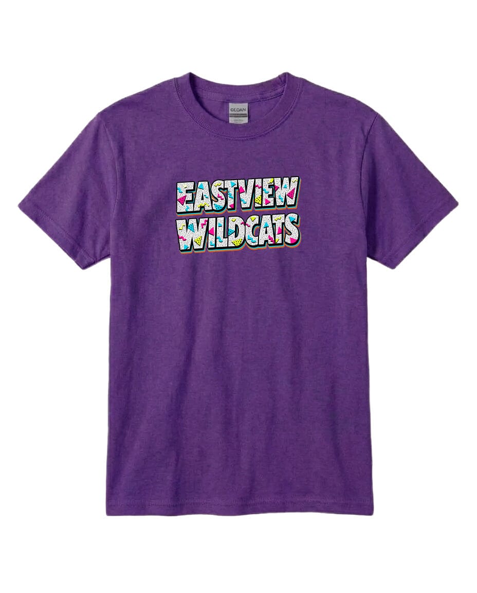 A purple t-shirt with the text "EASTVIEW WILDCATS" printed on it.