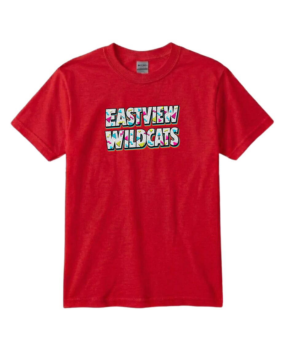A red t-shirt with the text "EASTVIEW WILDCATS" printed on it.