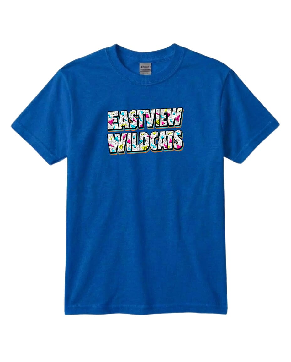 A blue t-shirt with the text "EASTVIEW WILDCATS" printed on it.