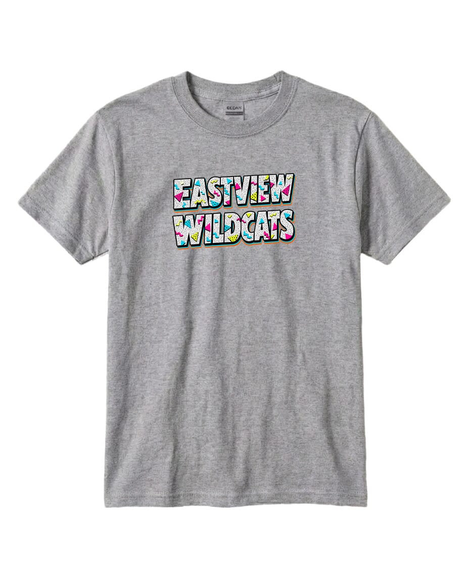 A gray t-shirt with the text "EASTVIEW WILDCATS" printed on it in a colorful, stylized font.