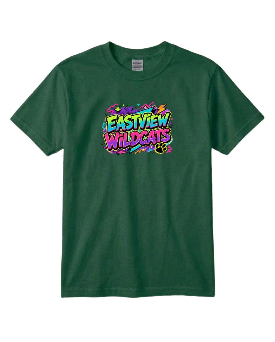 A green t-shirt with a colorful graphic design featuring the text "EASTVIEW WILDCATS" in a vibrant, stylized font.