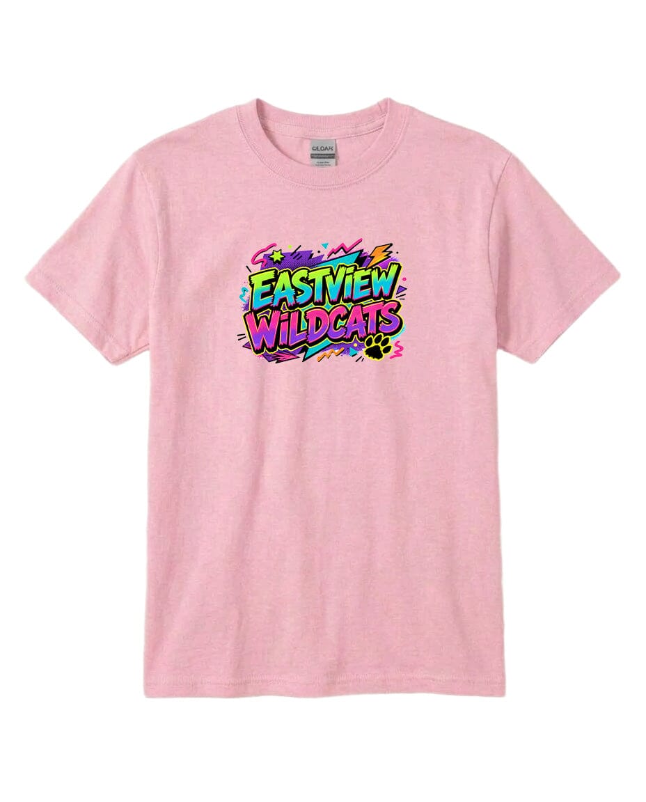 A pink t-shirt with a graphic design featuring the text "EASTVIEW WILDCATS" in a colorful, stylized font.