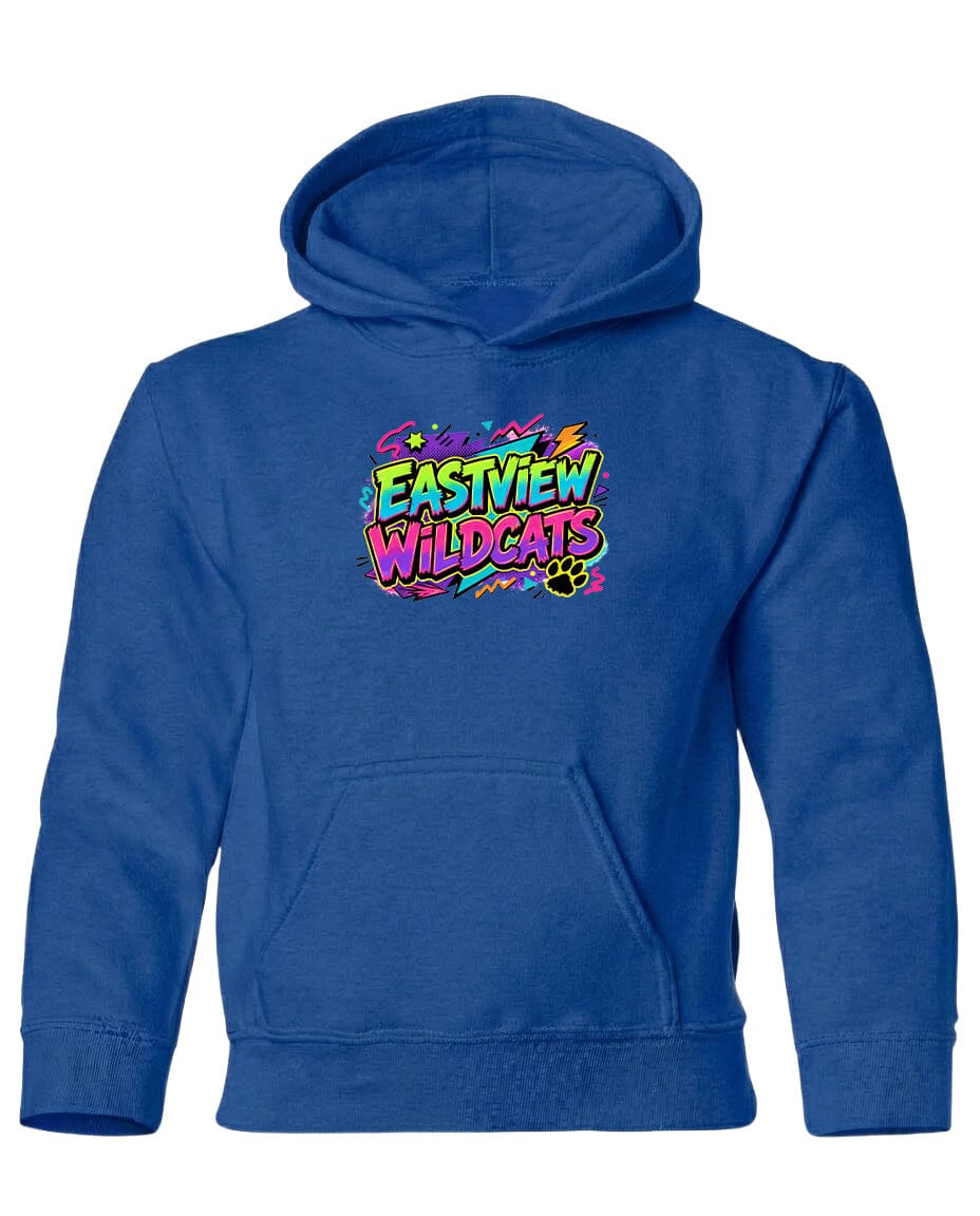 A blue hoodie with a colorful graphic design on the front, featuring the text "EASTVIEW WILDGATS" in a vibrant, stylized font.