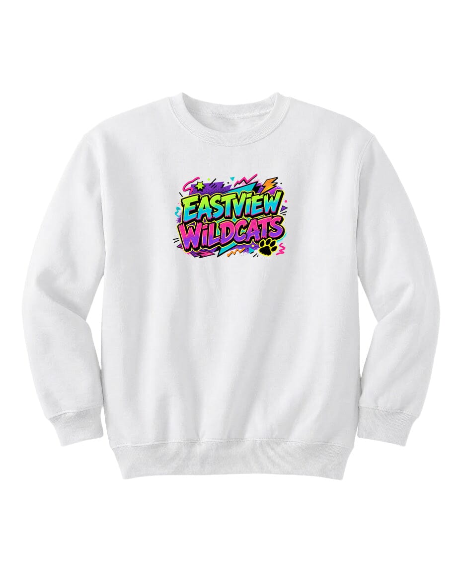 A white sweatshirt with a colorful graphic design on the front.