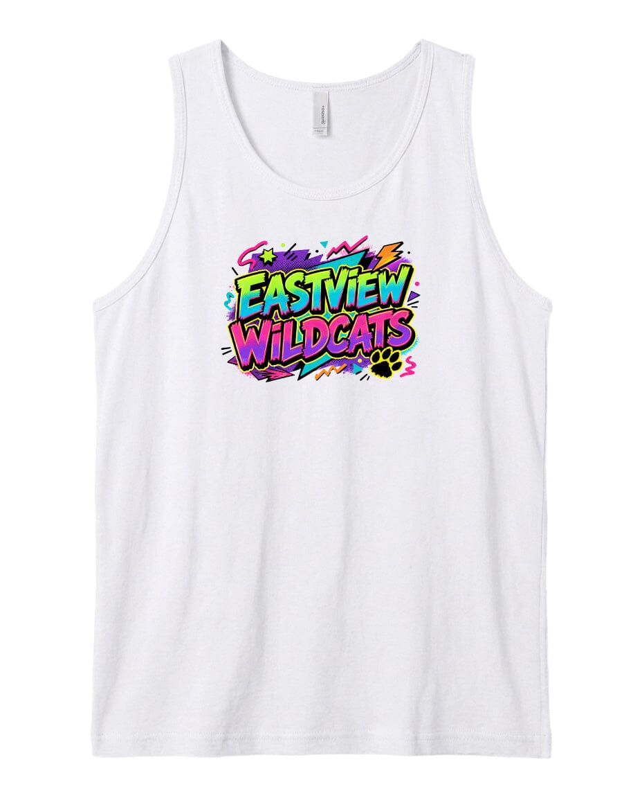 A white tank top with a colorful graphic design featuring the text "EASTVIEW WILDCATS" in a vibrant, retro-style font.