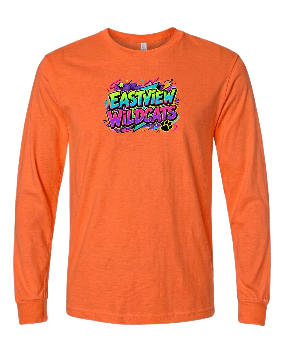An orange long-sleeved t-shirt with a colorful graphic design on the front.