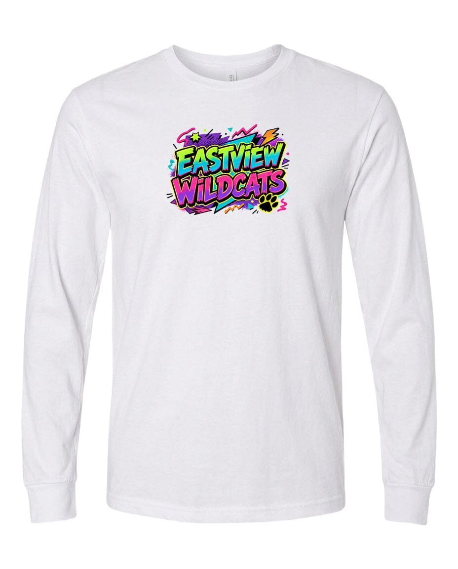 A white long-sleeved t-shirt with a colorful graphic design featuring the text "EASTVIEW WILDCATS" in a stylized font.
