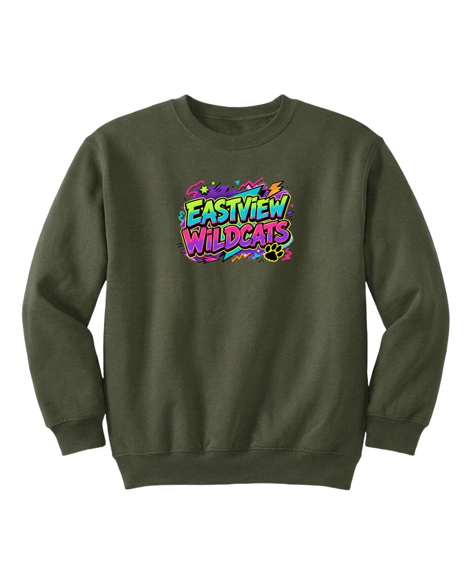 A dark green sweatshirt with a colorful graphic design on the front.