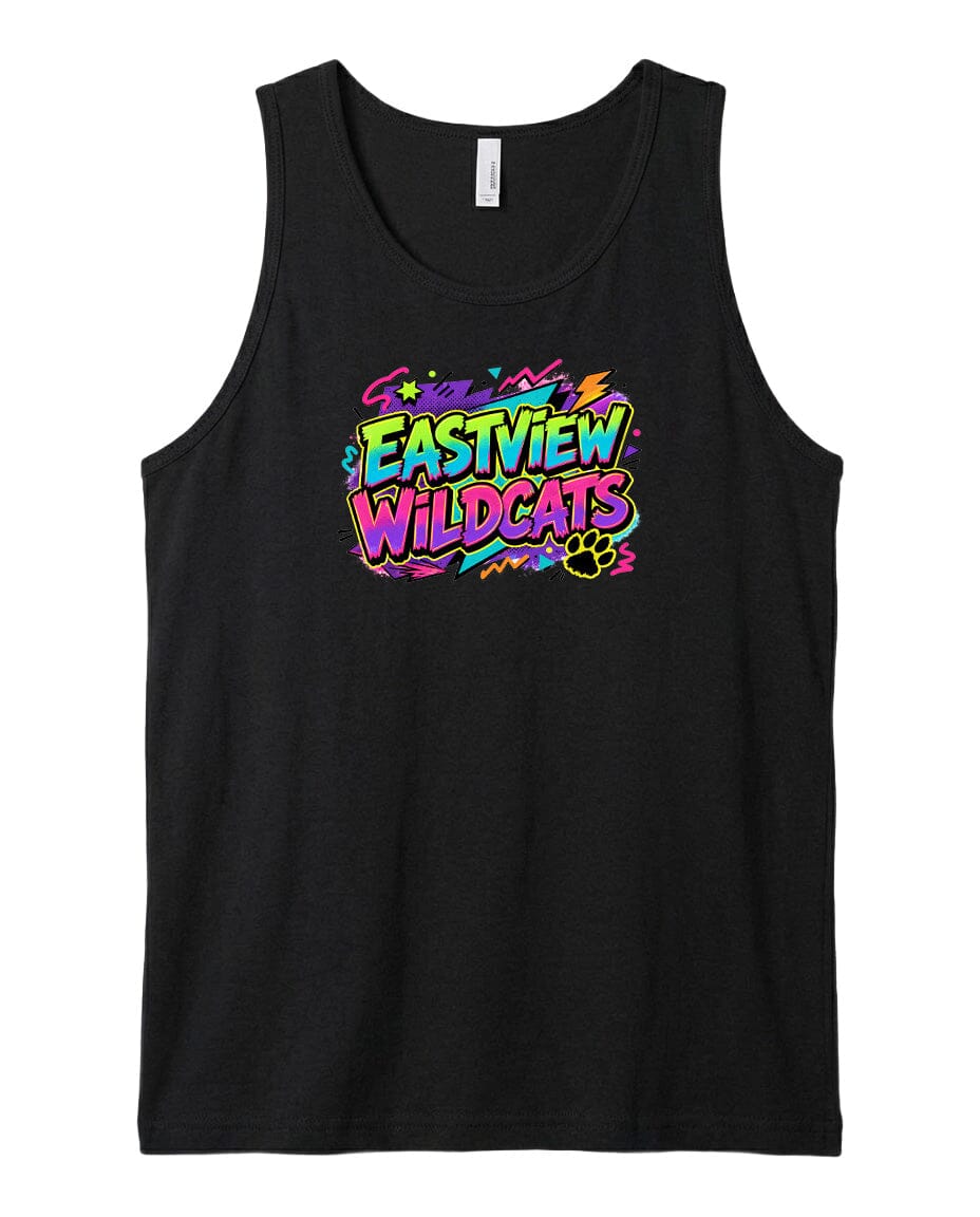 A black tank top with a colorful graphic design featuring the text "EASTVIEW WILDCATS" in a vibrant, graffiti-style font.