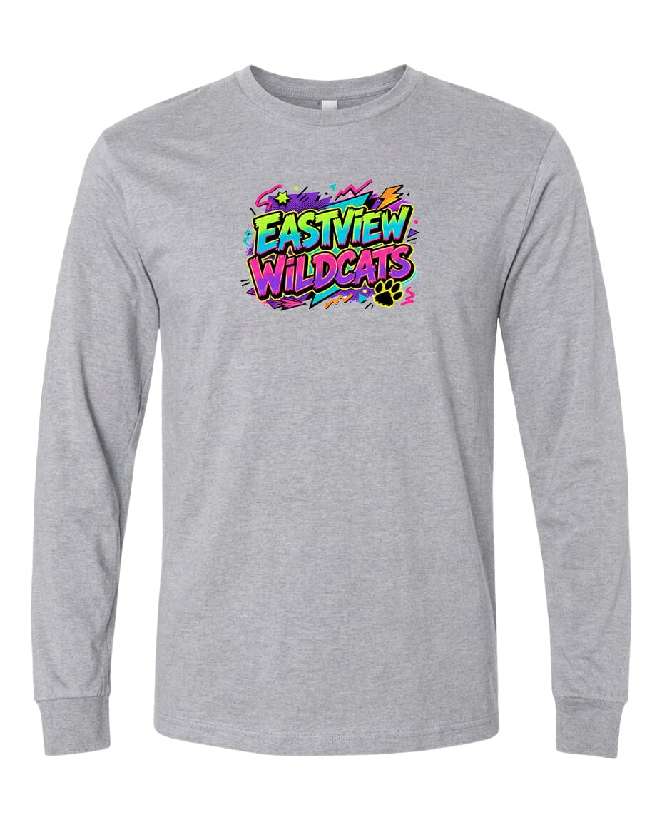 A gray long-sleeved t-shirt with a colorful graphic design featuring the text "EASTVIEW WILDCATS" in a stylized font.