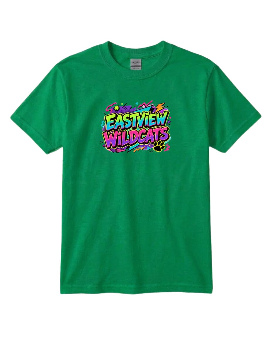 A green t-shirt with a colorful graphic design featuring the text "EASTVIEW WILDCATS" in a vibrant, stylized font.