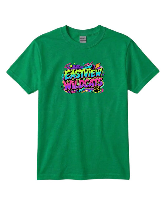 A green t-shirt with a colorful graphic design featuring the text "EASTVIEW WILDCATS" in a vibrant, stylized font.