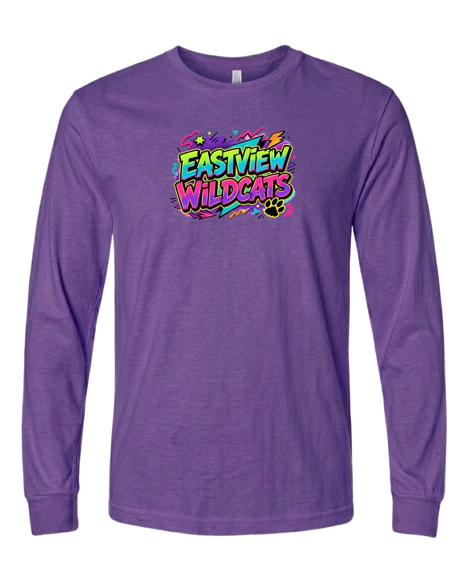 A purple long-sleeved t-shirt with a colorful graphic design featuring the text "EASTVIEW WILDCATS" in a stylized font.