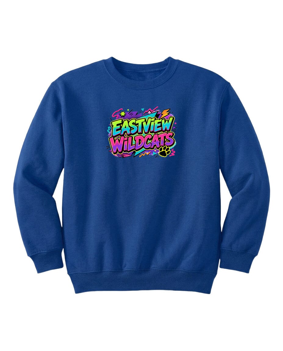 A blue sweatshirt with a colorful graphic design on the front.
