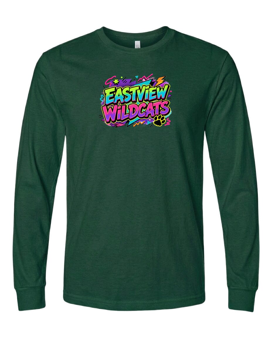 A long-sleeved green t-shirt with a colorful graphic design featuring the text "EASTVIEW WILDCATS" in a stylized font.