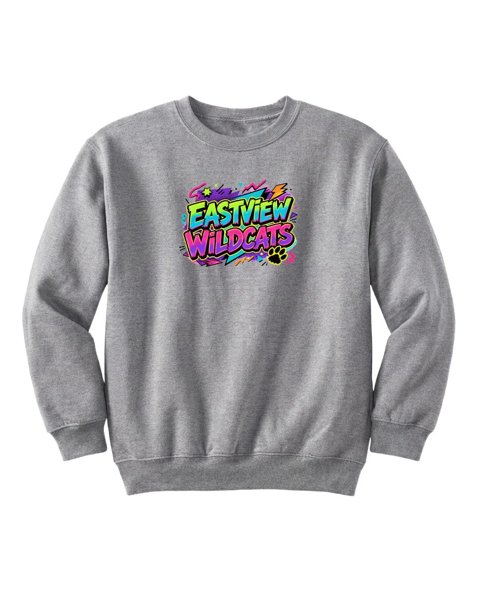 A gray sweatshirt with a colorful graphic design on the front.