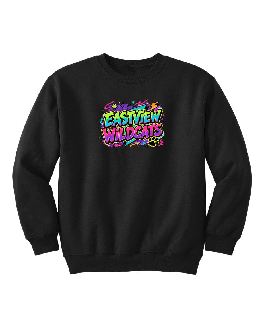 A black sweatshirt with a colorful graphic design on the front.