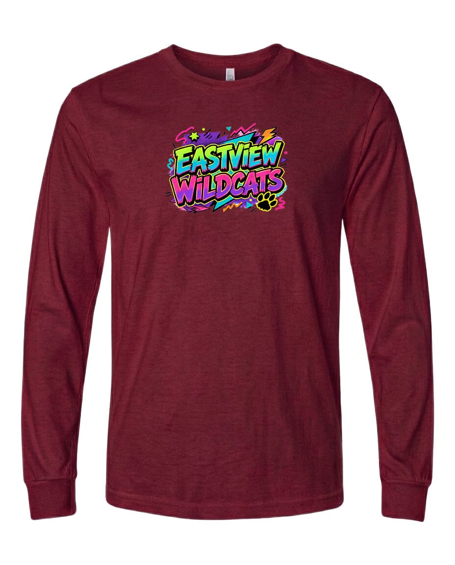 A burgundy long-sleeved t-shirt with a colorful graphic design on the front.