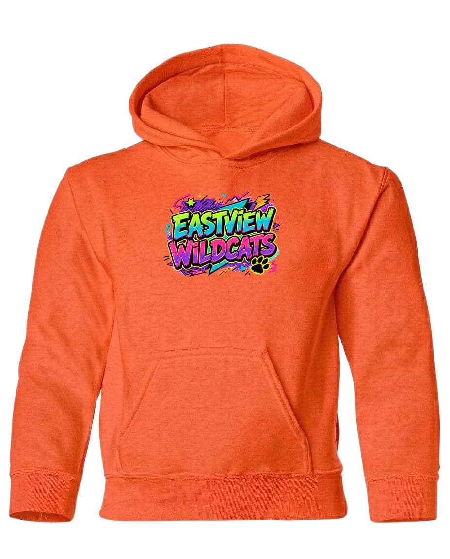 An orange hoodie with a colorful graphic and text on the front.