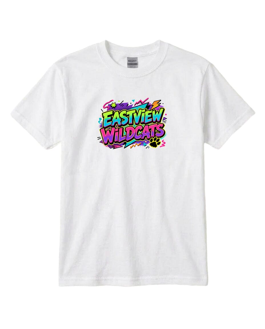 A white t-shirt with a colorful graphic design featuring the text "EASTVIEW WILDCATS" in a vibrant, stylized font.