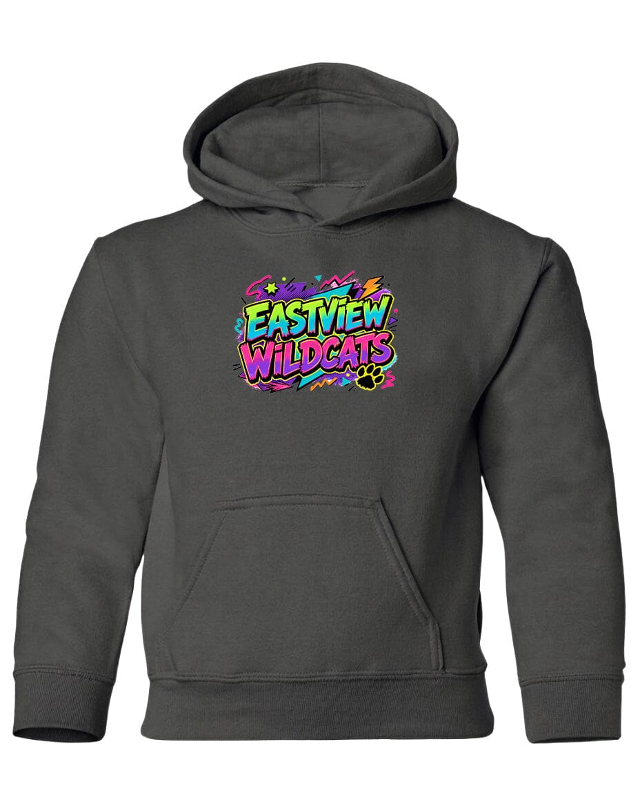 A gray hoodie with a colorful graphic design on the front.