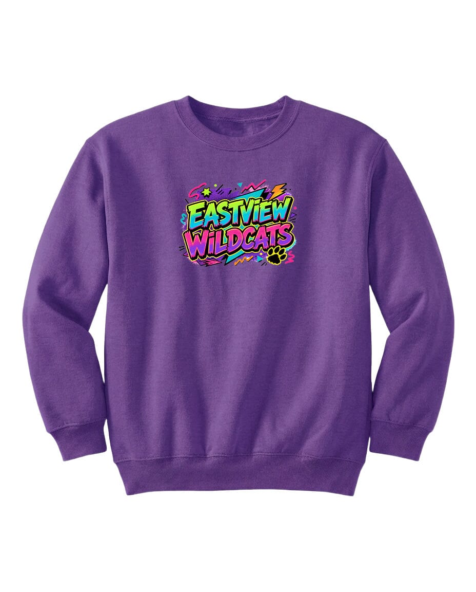 A purple sweatshirt with a colorful graphic design featuring the text "EASTVIEW WILDCATS" and a paw print.