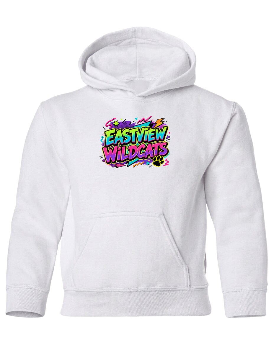 A white hoodie with a colorful graphic design featuring the text "EASTVIEW WILDGATS" in a stylized font.