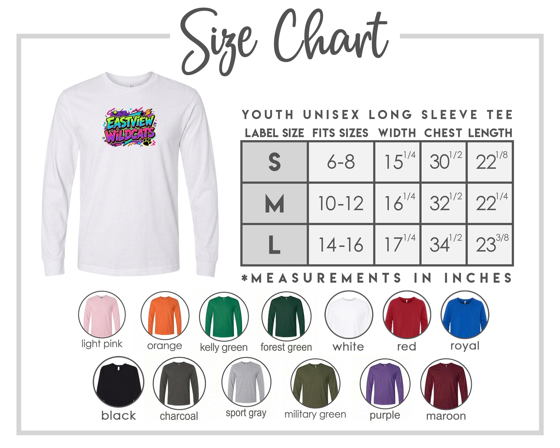 The image is a size chart for a youth unisex long sleeve tee, including various color options and corresponding measurements.