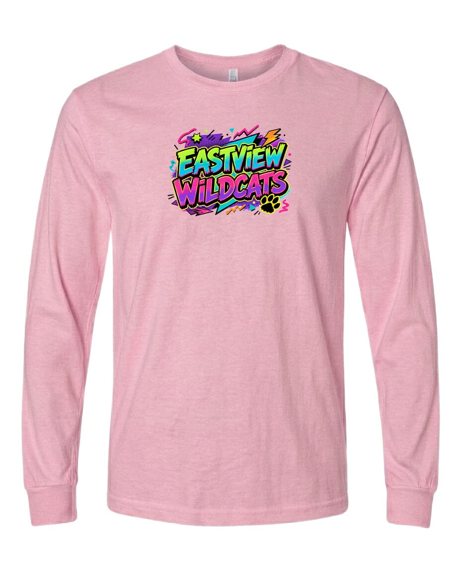 A pink long-sleeved t-shirt with a colorful graphic design on the front.