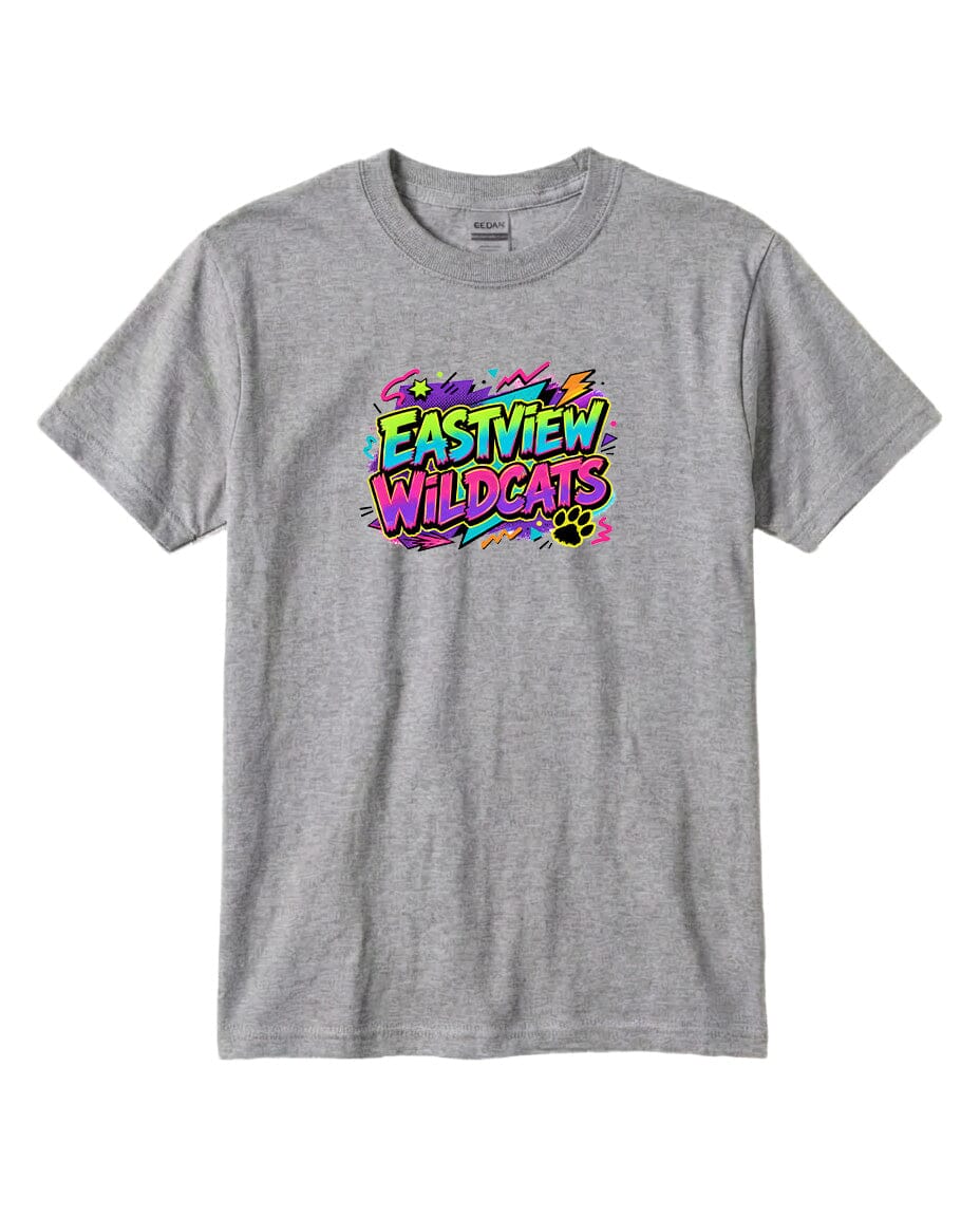 A gray t-shirt with a colorful graphic design featuring the text "EASTVIEW WILDCATS" in a vibrant, neon-like style.
