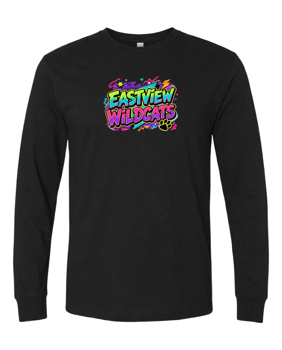 A black long-sleeved t-shirt with a colorful graphic design featuring the text "EASTVIEW WILDCATS" in a stylized font.