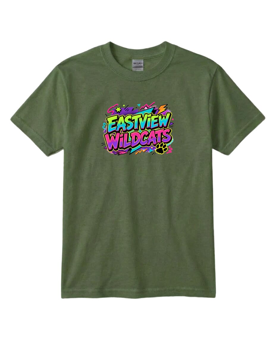 A green t-shirt with a colorful graphic design featuring the text "EASTVIEW WILDCATS" in a vibrant, neon-like style.