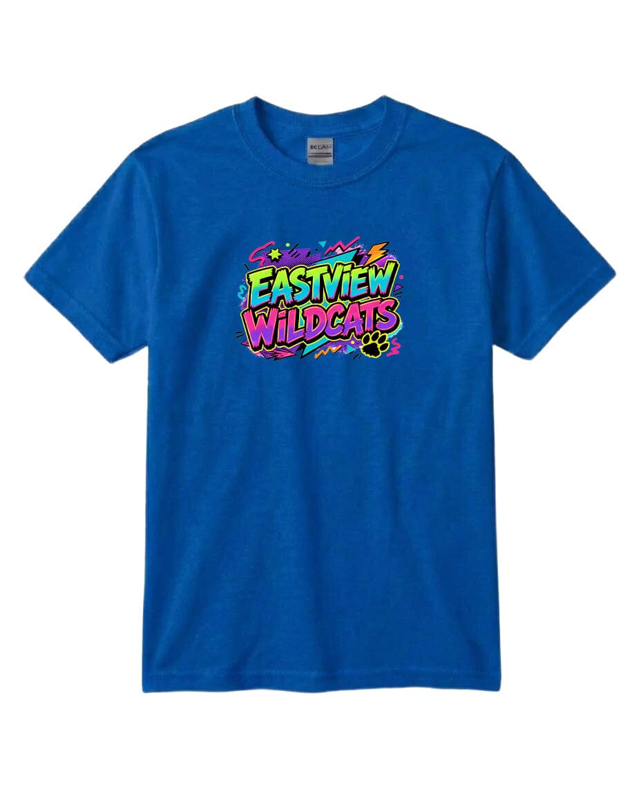 A blue t-shirt with a colorful graphic design featuring the text "EASTVIEW WILDCATS" in a vibrant, retro-style font.