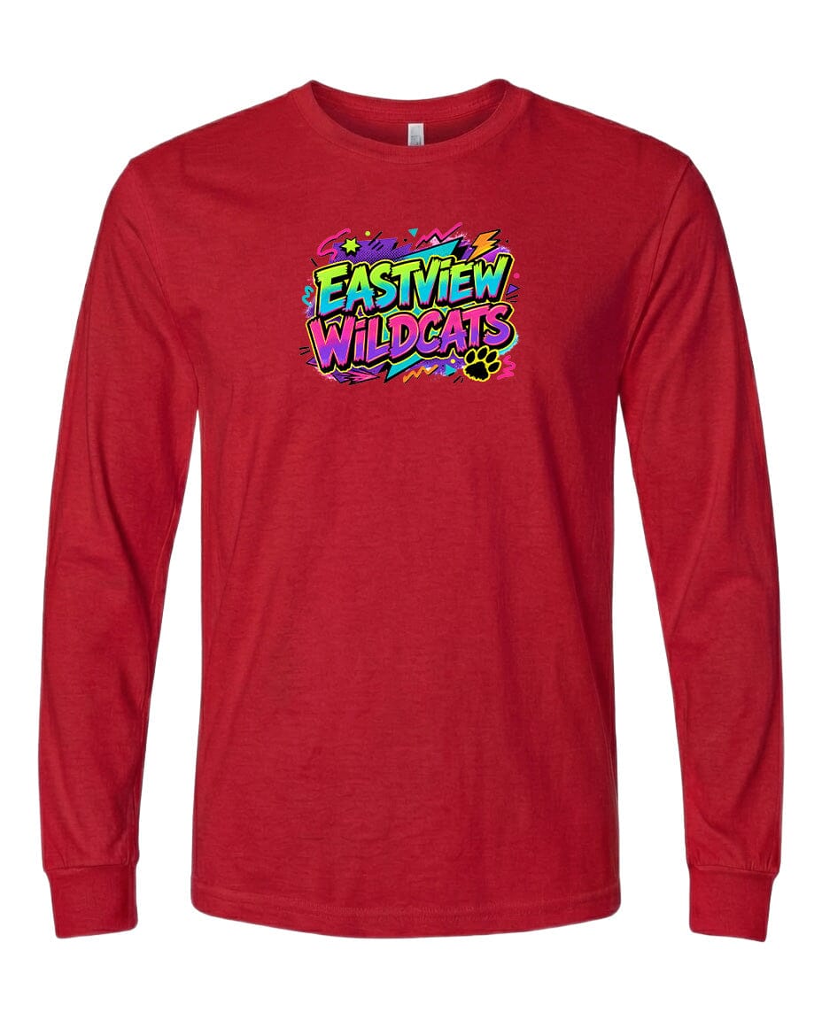 A red long-sleeved t-shirt with a colorful graphic design on the front.