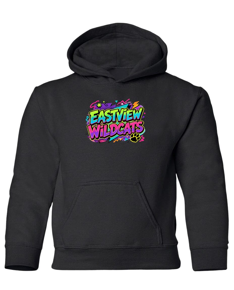 A black hoodie with a colorful graphic design on the front.