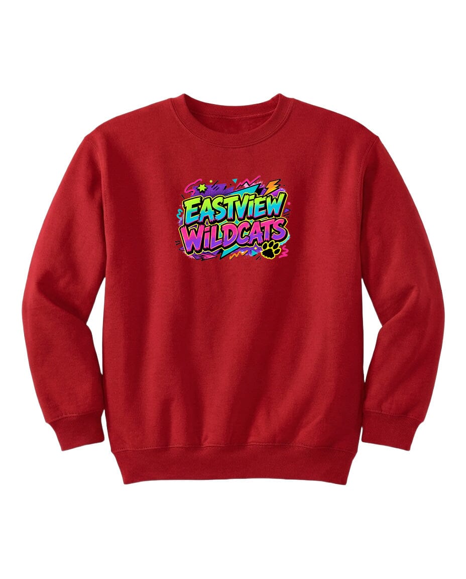 A red sweatshirt with a colorful graphic design on the front, featuring the text "EASTVIEW WILDCATS" in a stylized font.