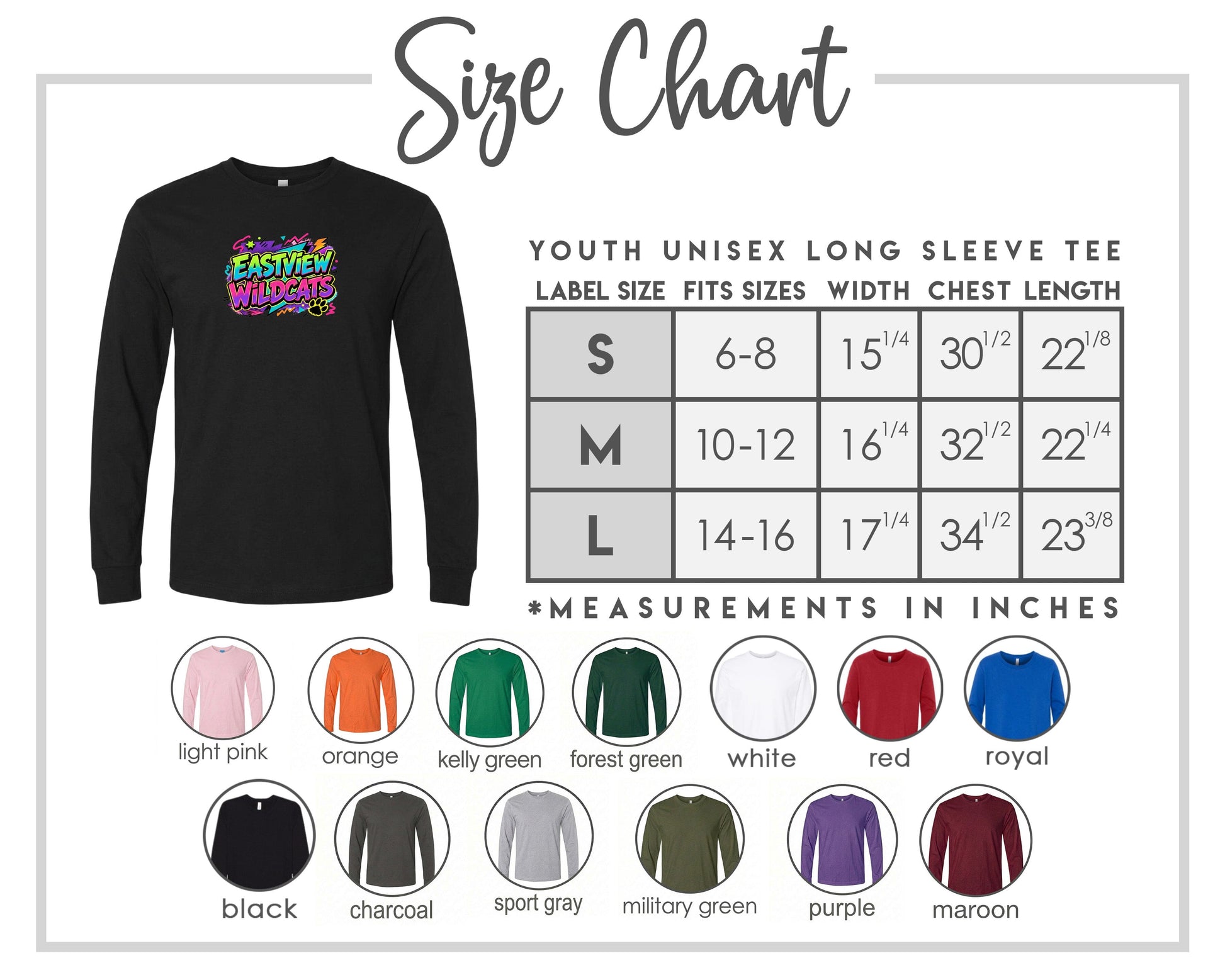The image is a size chart for a youth unisex long sleeve tee, providing measurements for different age groups and sleeve length.