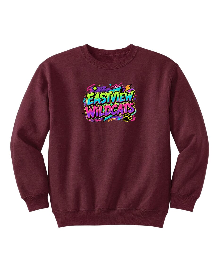 A burgundy sweatshirt with a colorful graphic design on the front, featuring the text "EASTVIEW WILDCATS" in a stylized font.