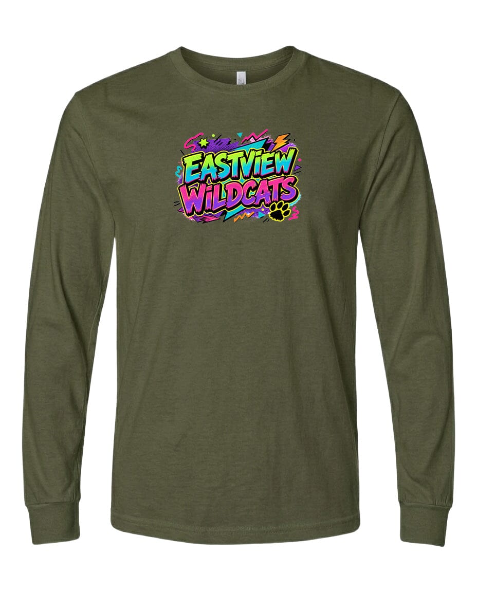 A long-sleeved olive green t-shirt with a colorful graphic design on the front.