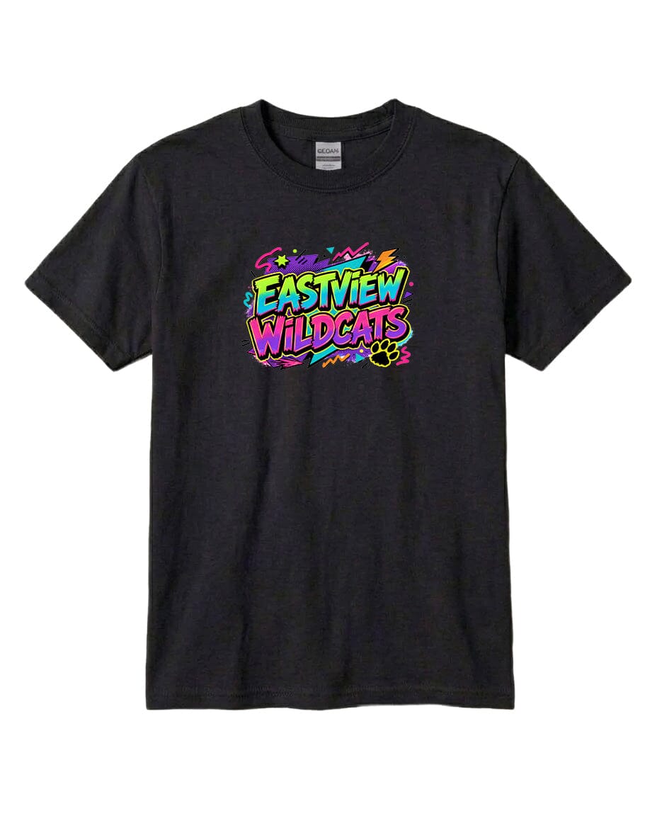 A black t-shirt with a colorful graphic design featuring the text "EASTVIEW WILDCATS" in a vibrant, neon-like font.