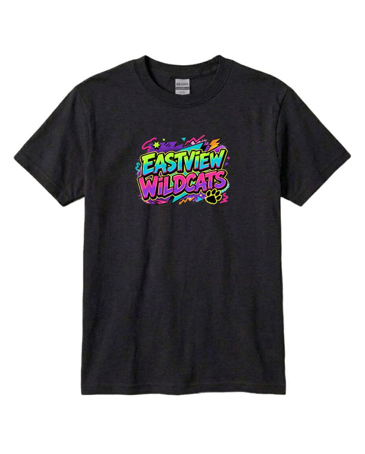 A black t-shirt with a colorful graphic design featuring the text "EASTVIEW WILDCATS" in a vibrant, neon-like font.