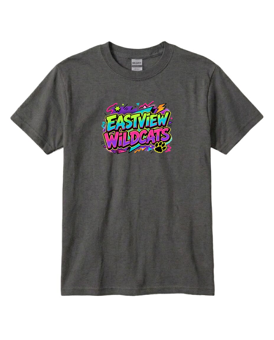 A gray t-shirt with a colorful graphic design featuring the text "EASTVIEW WILDCATS" in a vibrant, neon-like font.