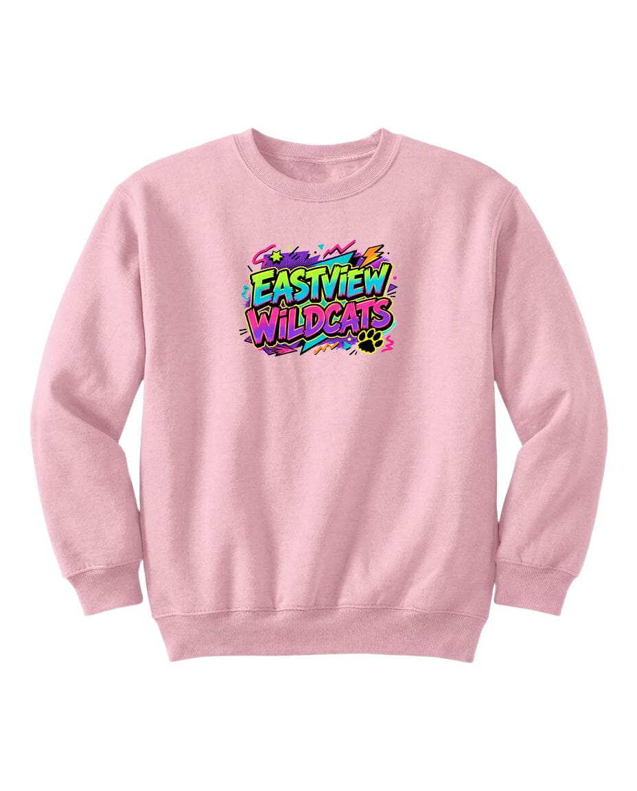 A pink sweatshirt with a colorful graphic design featuring the text "EASTVIEW WILDCATS" in a stylized font.