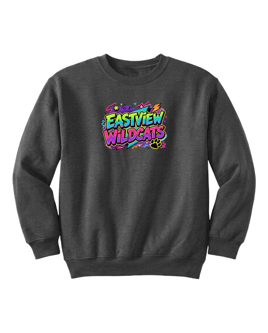 A gray sweatshirt with a colorful graphic design on the front.