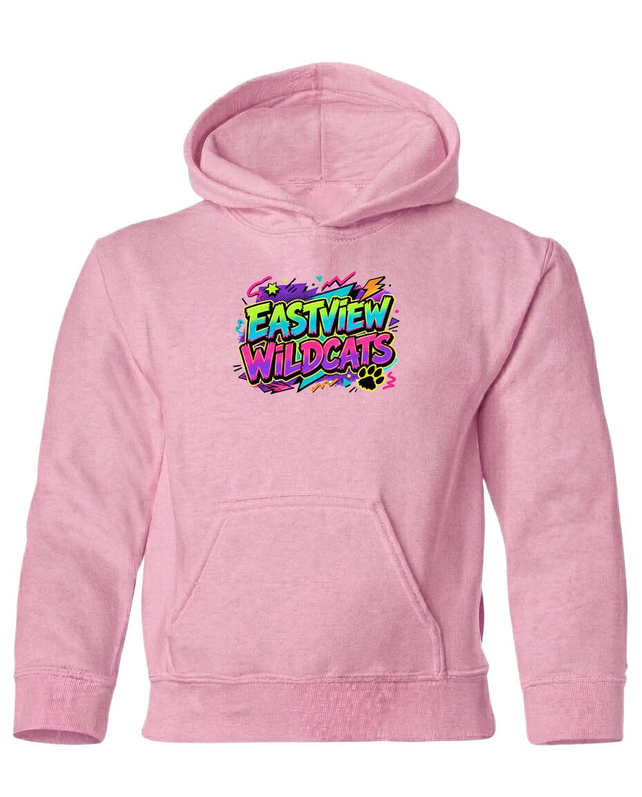 A pink hoodie with a colorful graphic design on the front.