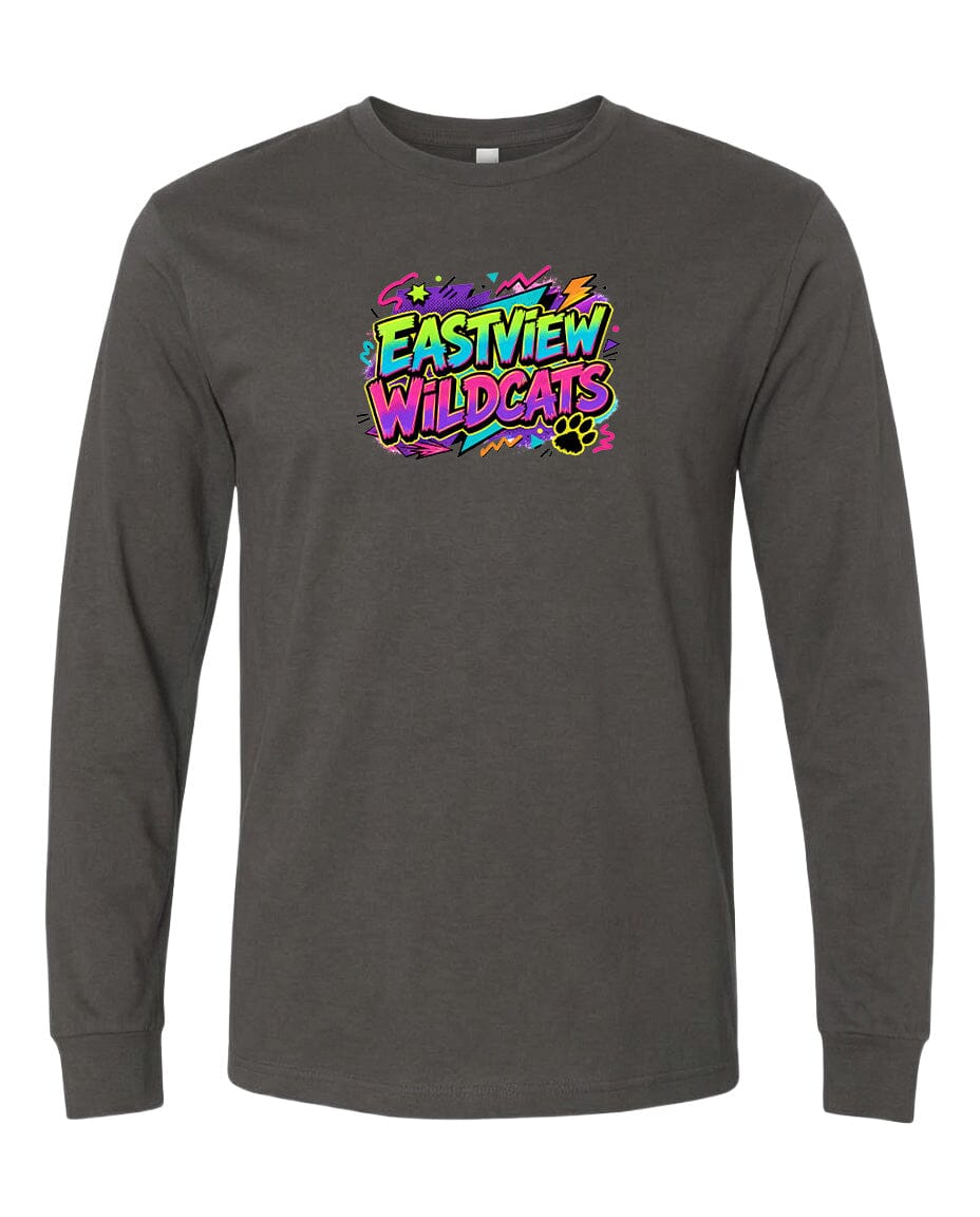 A gray long-sleeved t-shirt with a colorful graphic design featuring the text "EASTVIEW WILDCATS" in a stylized font.