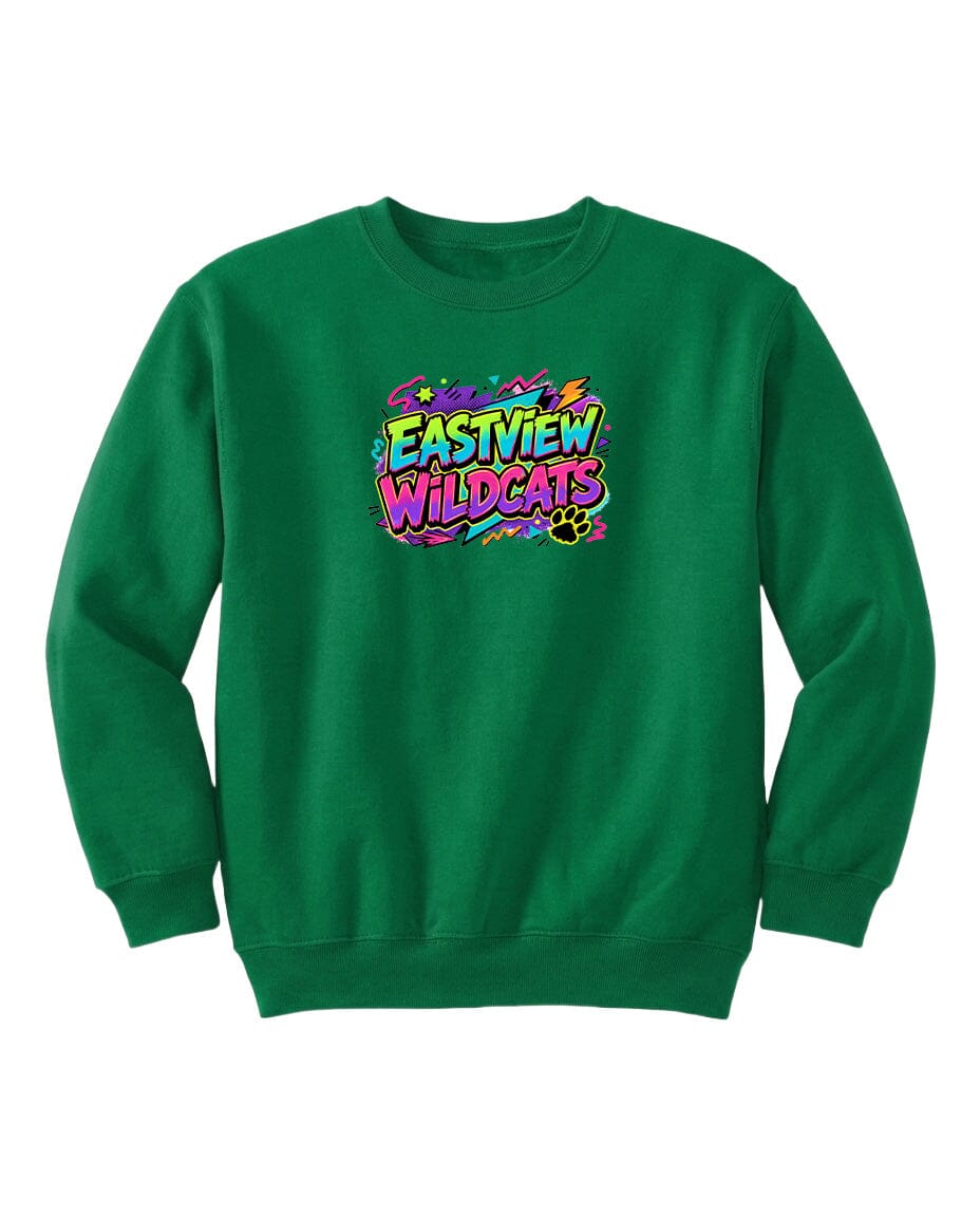 A green sweatshirt with a colorful graphic design on the front.